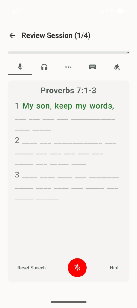 SwordScript Spoken Voice Review Session Screen